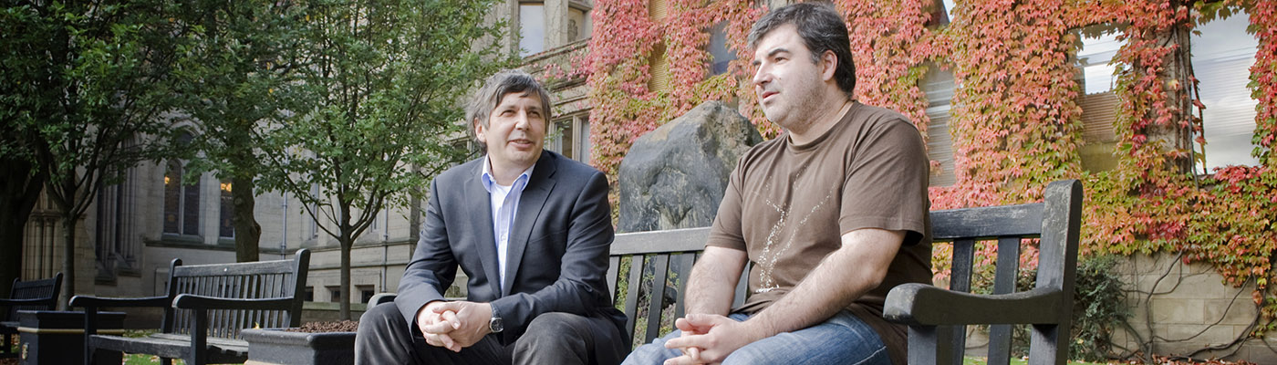 Andre Geim and Kostya Novoselov, pictured in 2010 after the annoucement of their award of the Nobel Prize for Physics