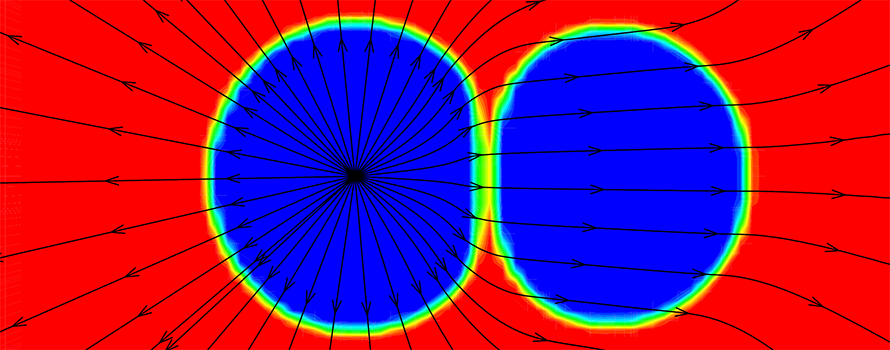 Blue bubbles on a red background, a graphical representation of bubbles collapsing