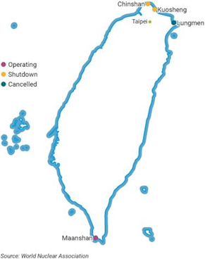 A map showing the location of four nuclear power plants