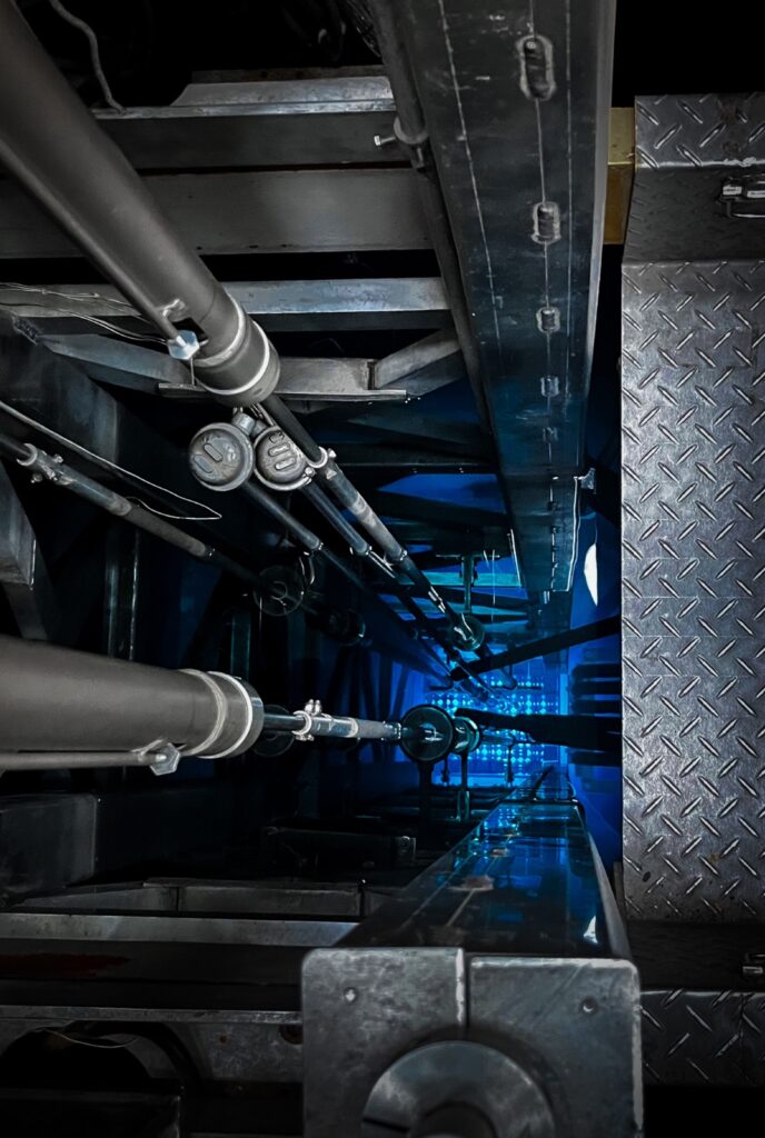 Viewed from above, the interior of a research reactor