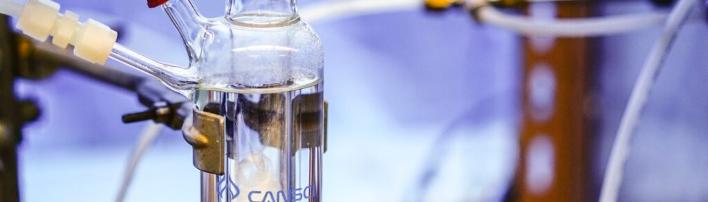 Close up of chemistry beaker on stand