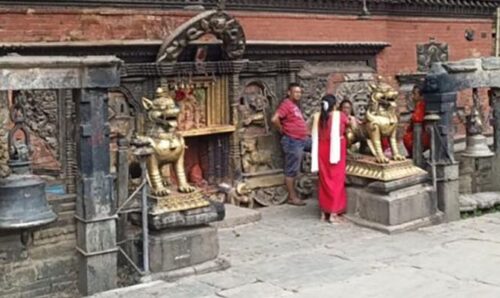 The frontage of a brick temple in Nepal