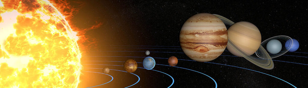 Representation of the solar system, with the Sun, eight planets and the moon