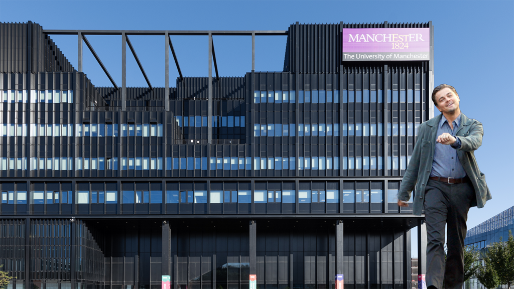 The Nancy Rothwell Building with a superimposed image of actor Leonardo DiCaprio