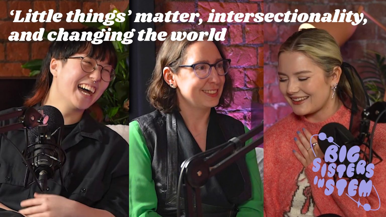 Three smiling women. Text overlay reads "Little things matter, intersectionality and changing the world. Bis Sisters in STEM"