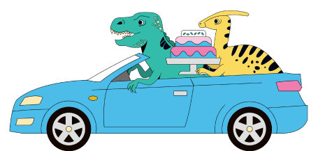 Cartoon of dinosaurs in a car holding a cake