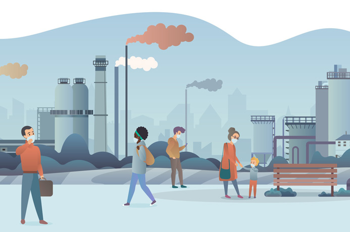Cartoon of people wearing facemasks against a backdrop of a smoking power plant